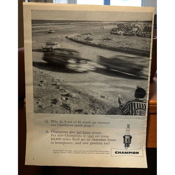 Champion Spark Plugs Vintage Print Ad 1950s NASCAR Stock Cars Daytona Beach - Picture 1 of 6